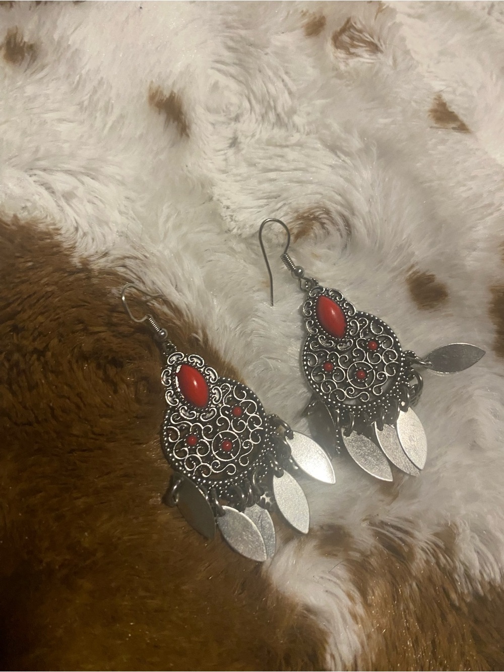 Bohemian Filigree Drop Earrings with Red Accent